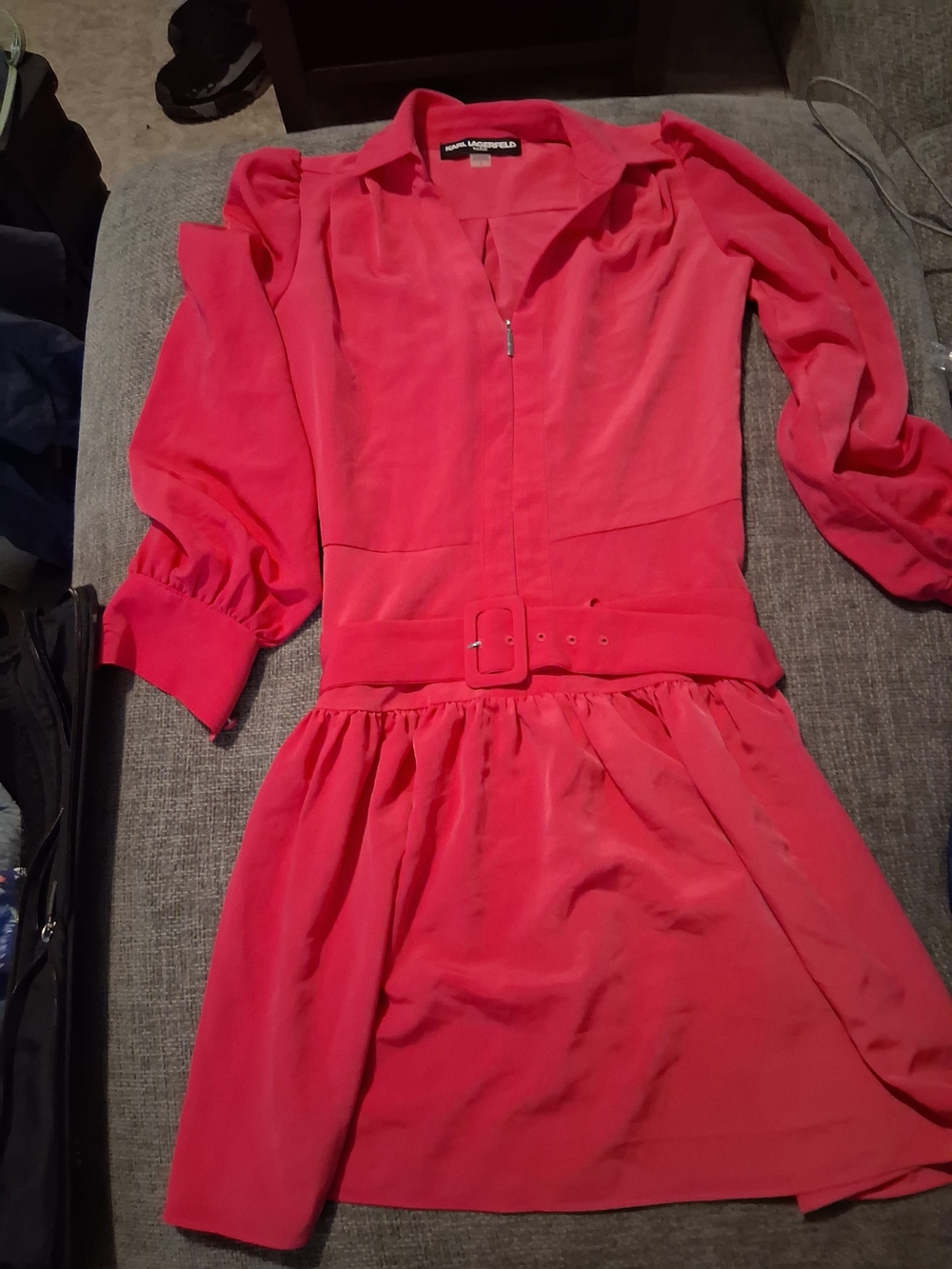 Karl Lagerfeld Bright Pink Long-Sleeve Belted Dress